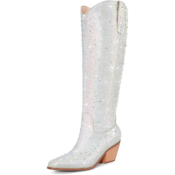 ⚡Women's Silver Ankle Boots Western Booties Rhinestone Chunky Heel Fashion - Picture 1 of 9